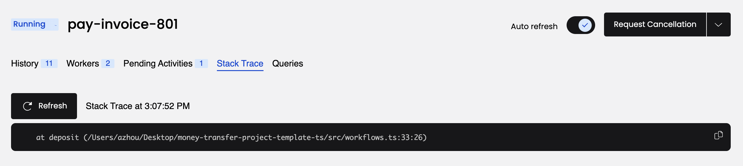 The stack trace of the Activity